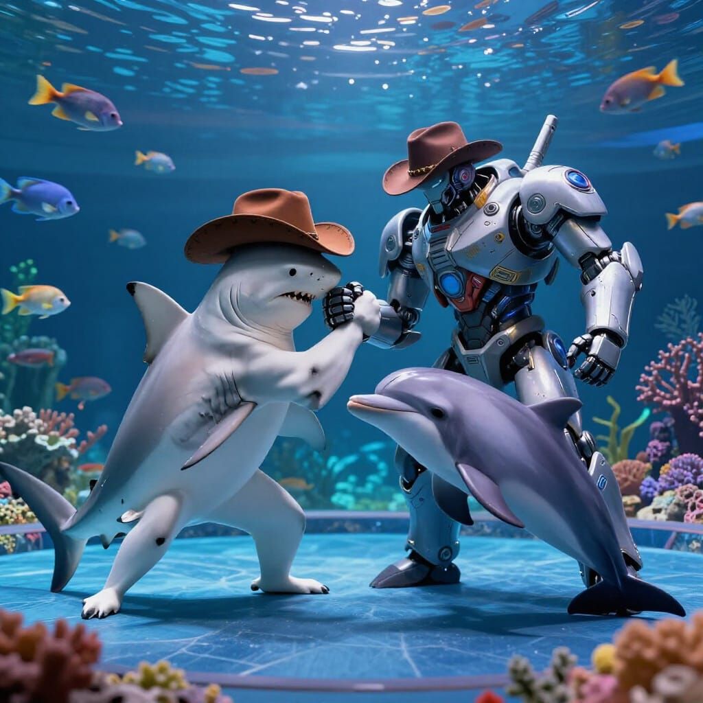 Shark and Dolphin Arm Wrestle in Futuristic Aquarium