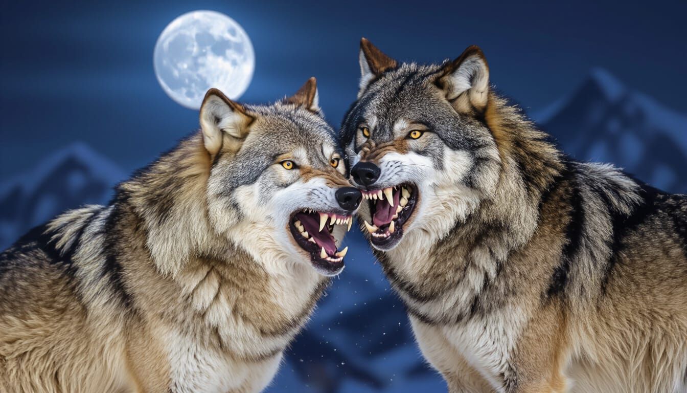 Alpha Wolves Snarling Under Moonlight