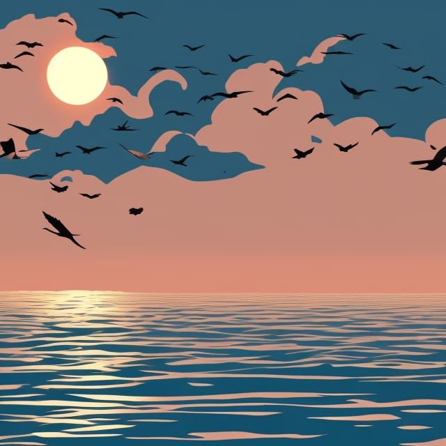 Silhouette Seagulls at Sunset in Vector Style