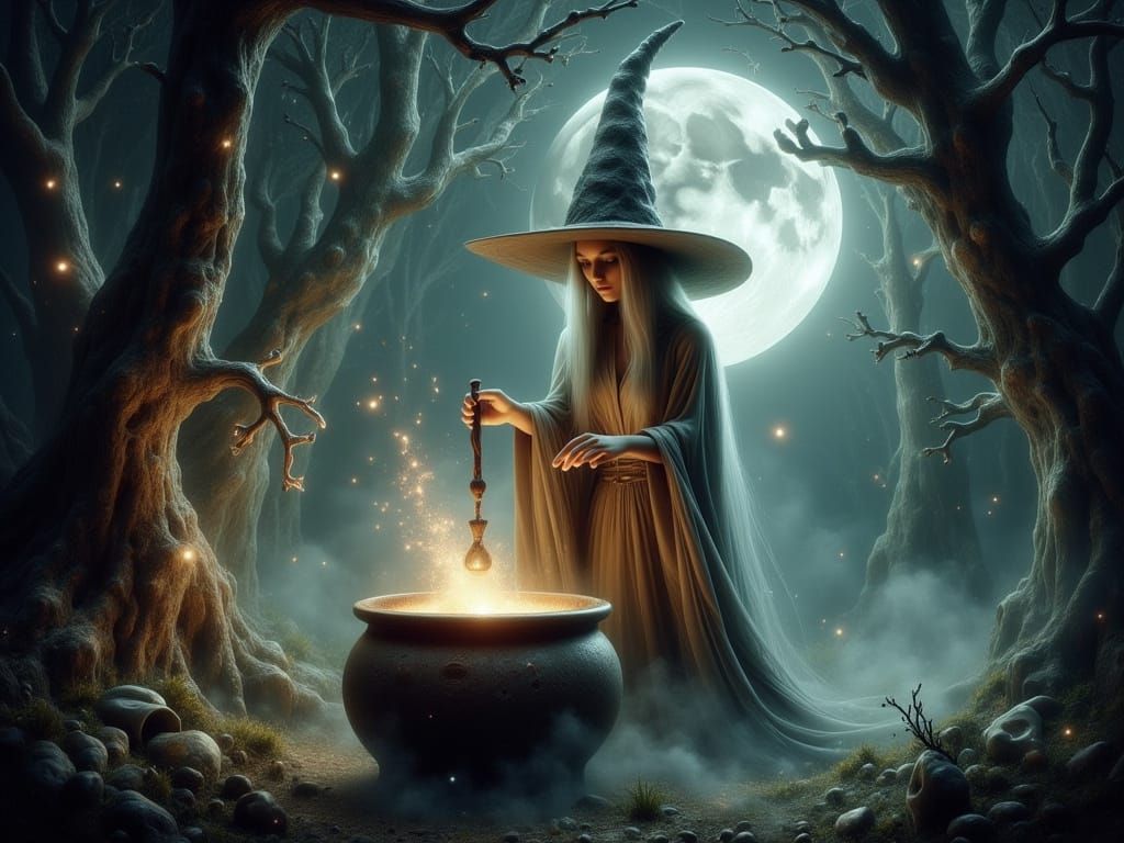 Mystical Witch Stirs Ancient Cauldron Under Full Moon