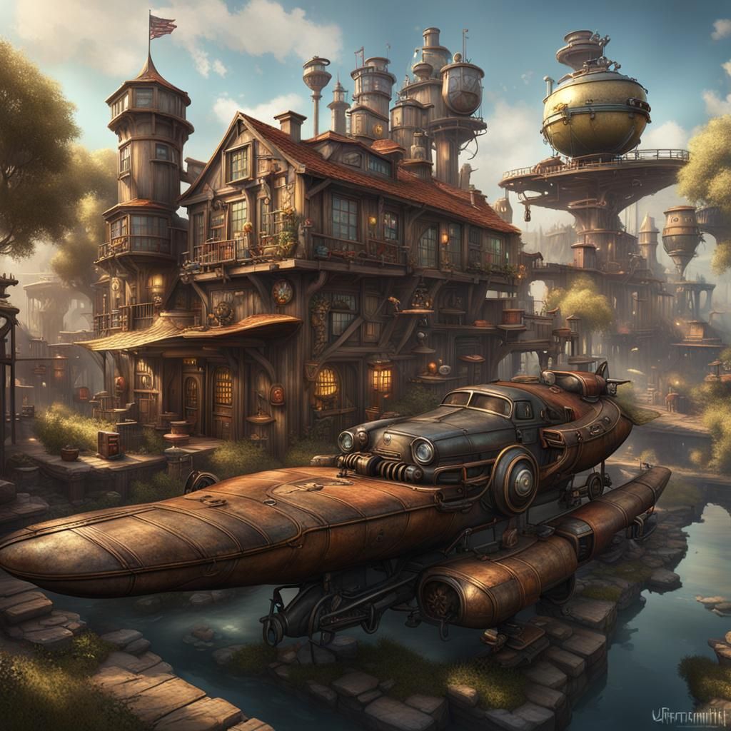 Steampunk Country with Flying Cars and Taverns