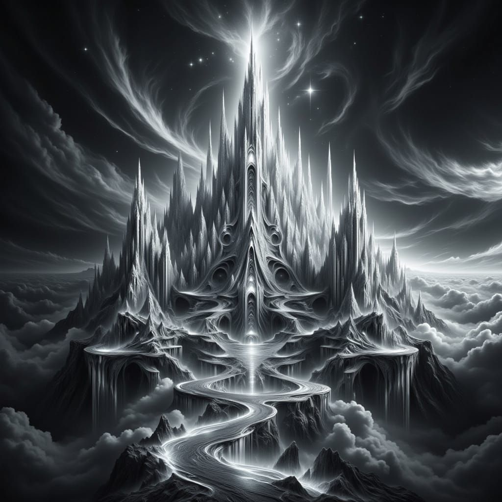 Celestial Palace of Pearl and Onyx in Swirling Fog
