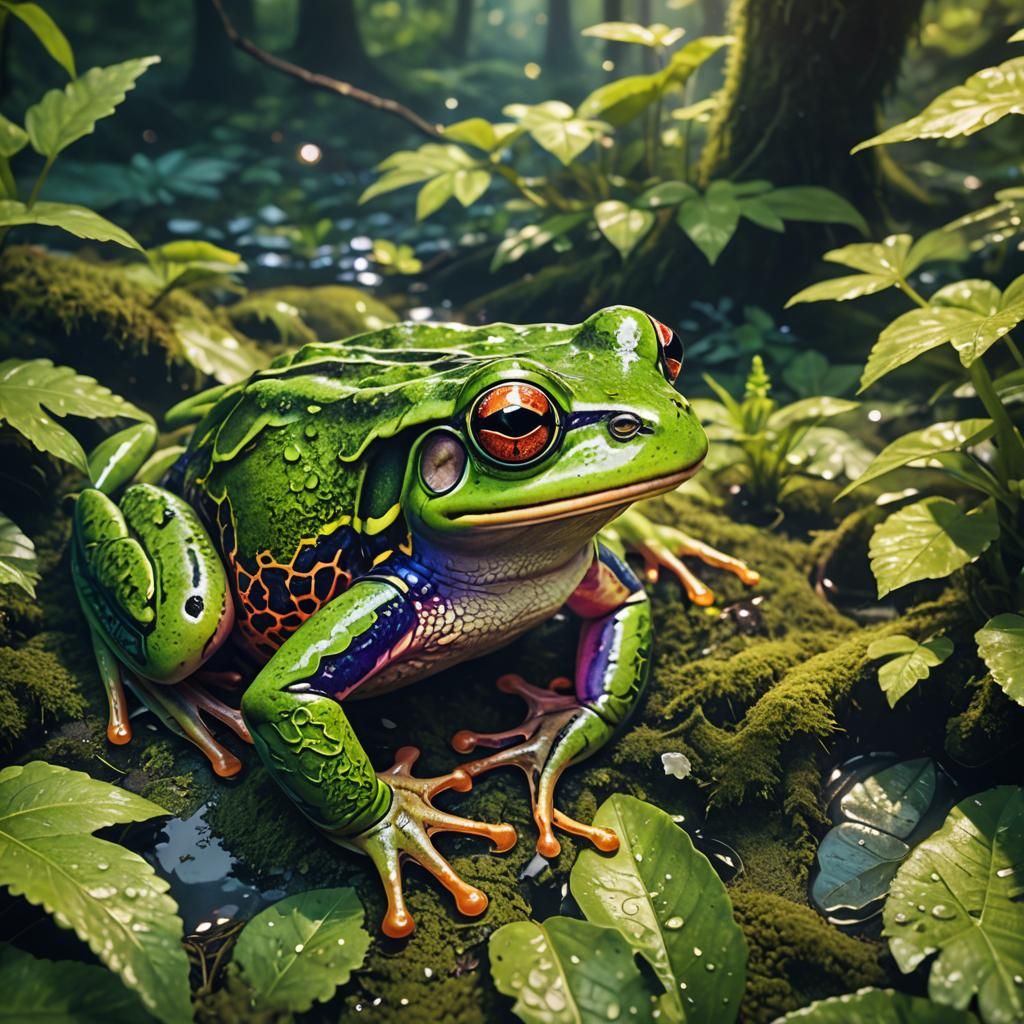 Glowing Frog in Lush Forest: Digital Illustration