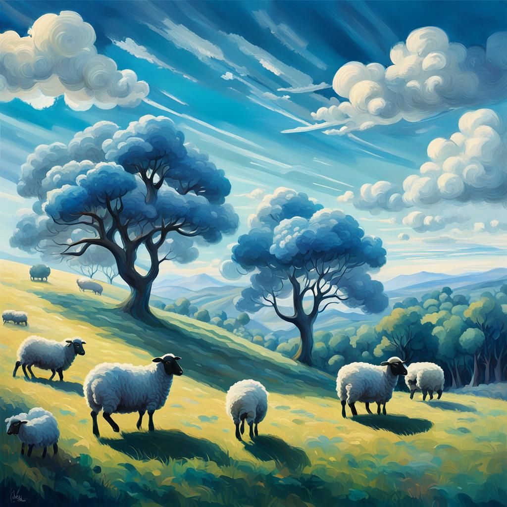 Serene Blue Landscape with Sheep in Hyperrealistic Style