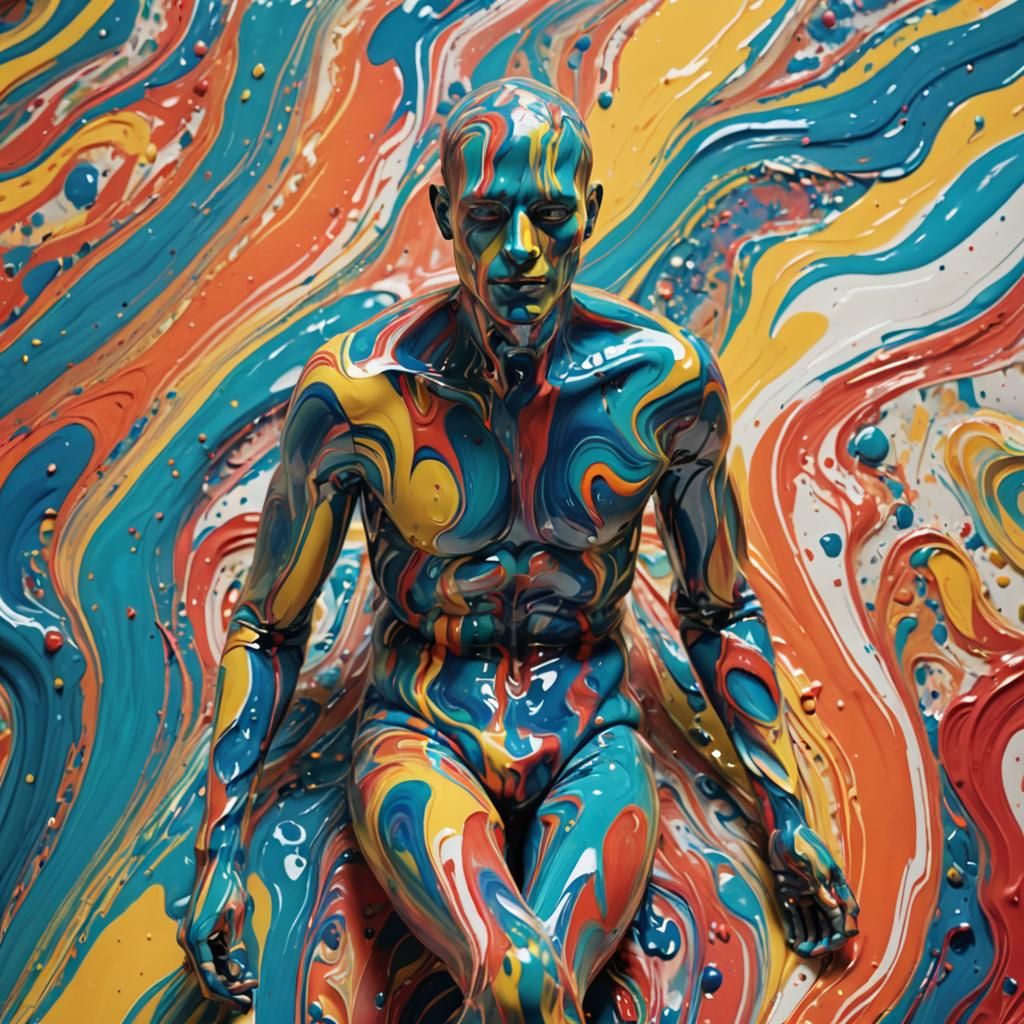 Artificial Human Emerges from Marbled Paint Sea