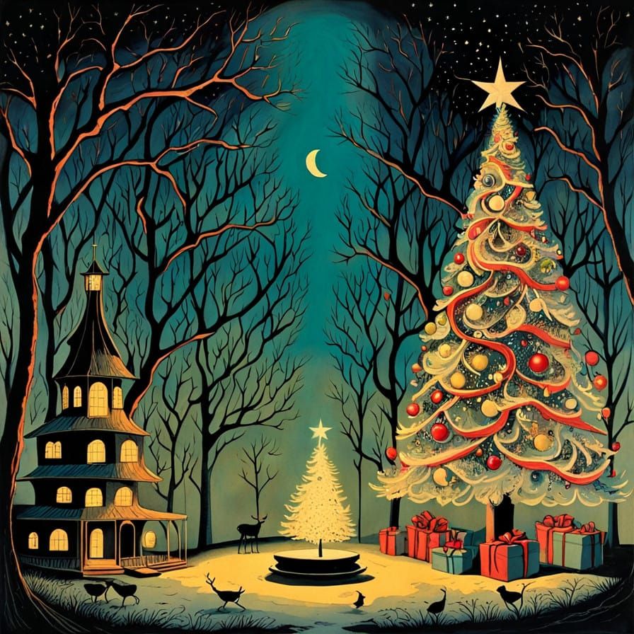 Surreal Christmas Scene in Vintage Comic Illustration Style