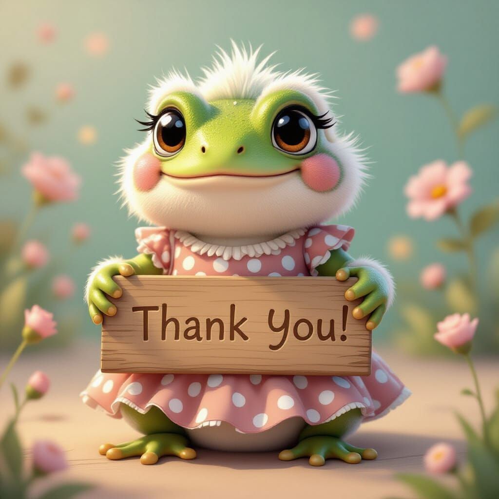 Fluffy Baby Frog in Polka Dot Dress with 'Thank You' Sign