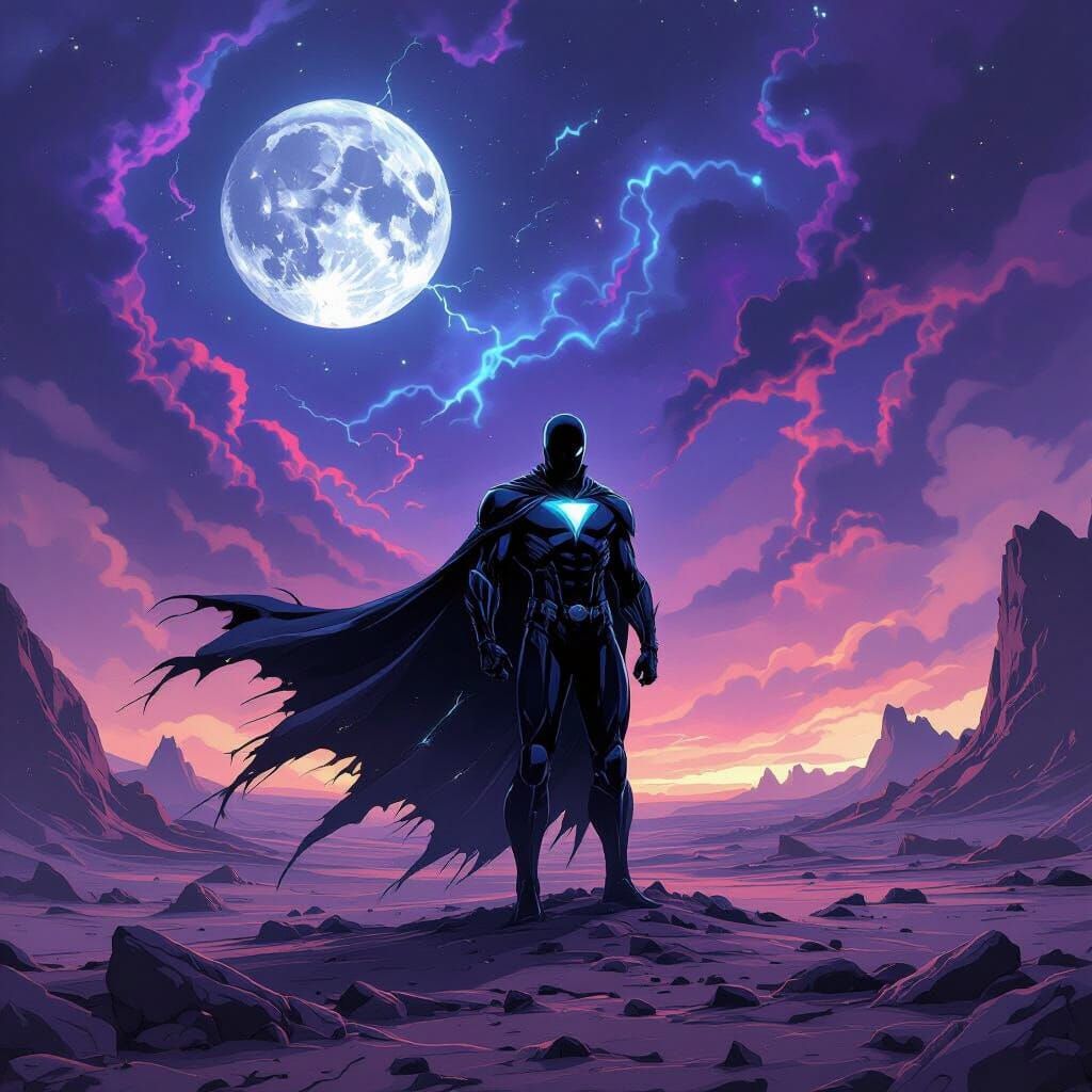 A lone, spectral superhero stands on a desolate, alien plane...