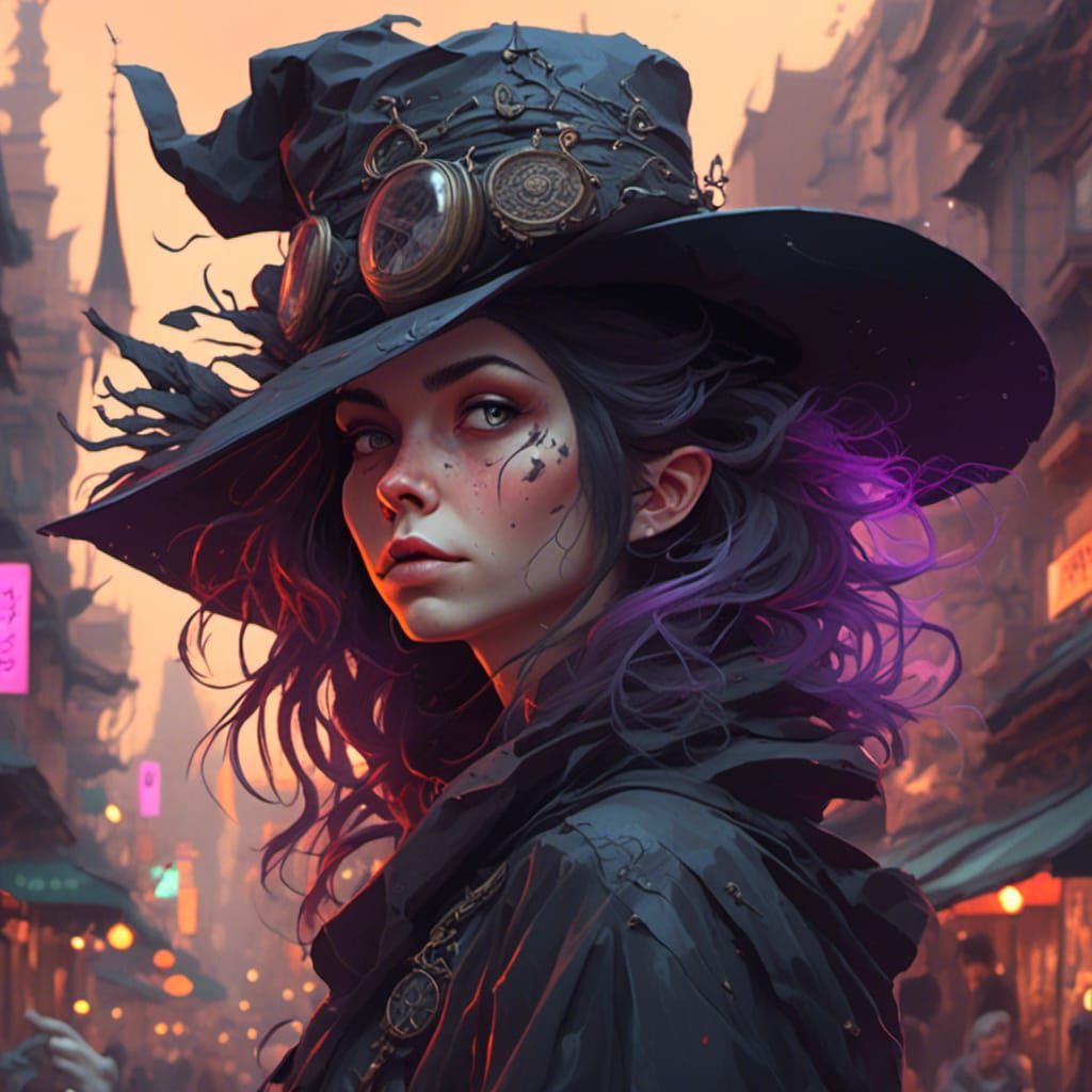 Punk Street Witch Portrait in Hyperreal Style