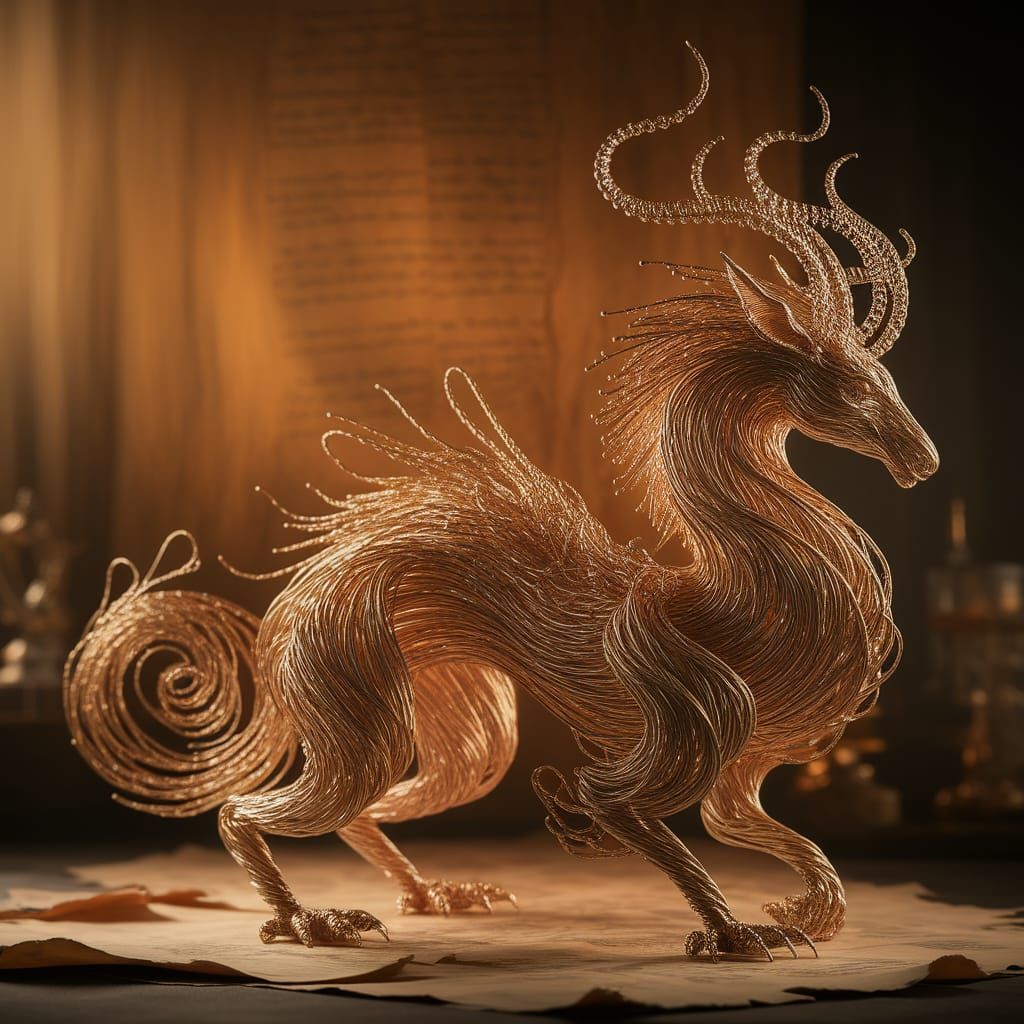Majestic Creature Sculpture in Gold Wire Art