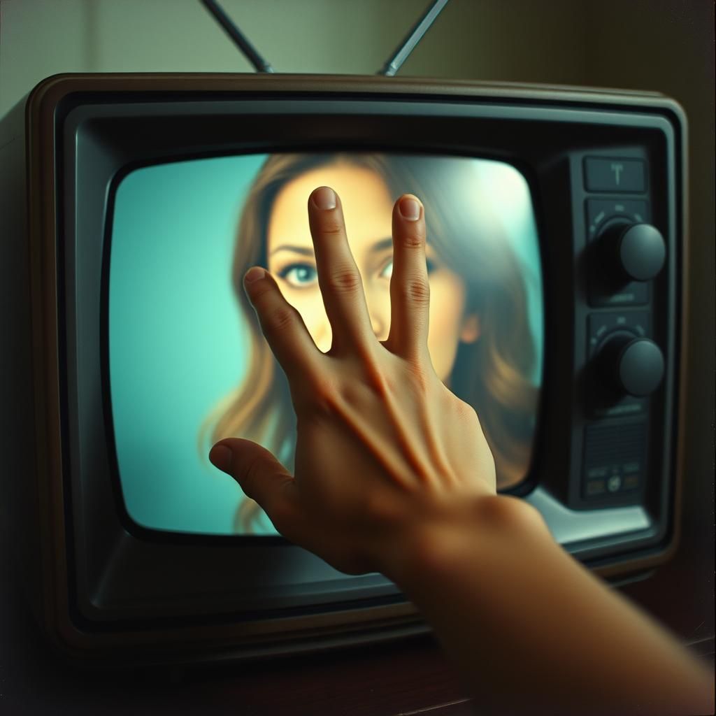 Grainy Photo of Television with Hand Reaching Out
