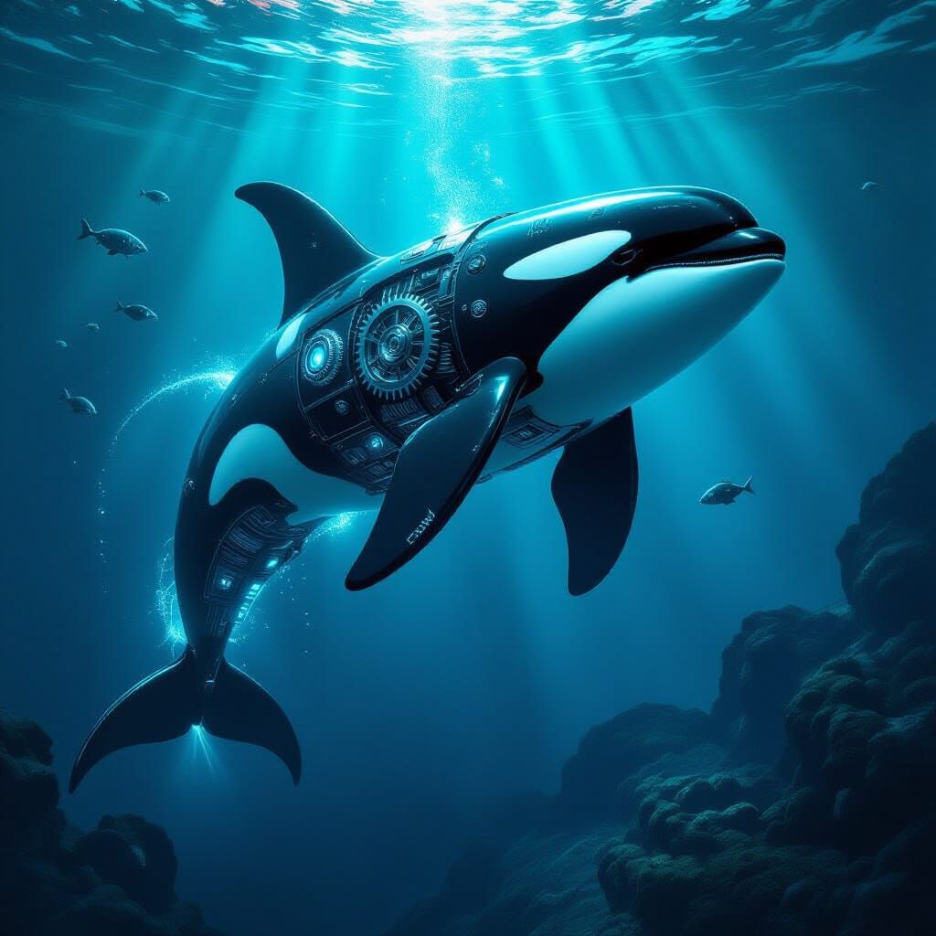 Biomechanical Orca Rises from Dark Ocean Depths