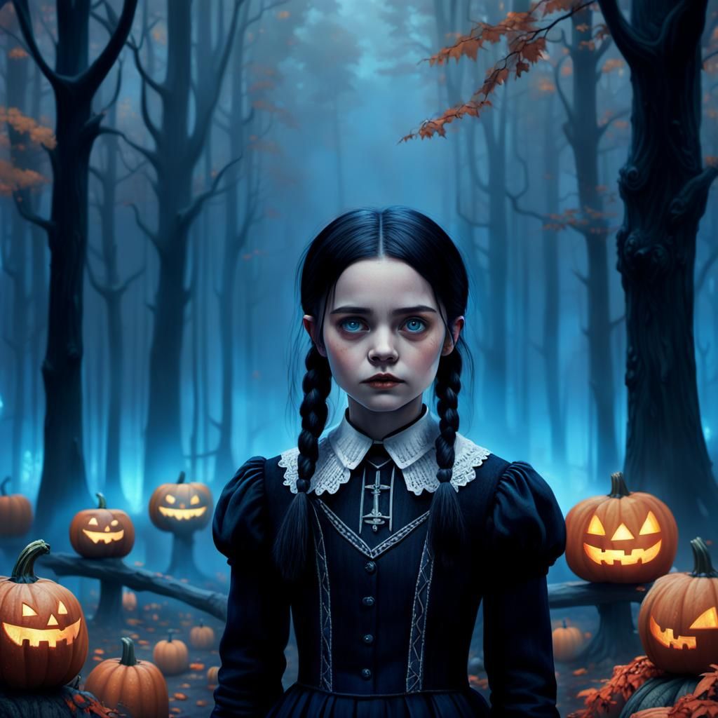 Wednesday Addams and Robot in Mystical Pumpkin Forest