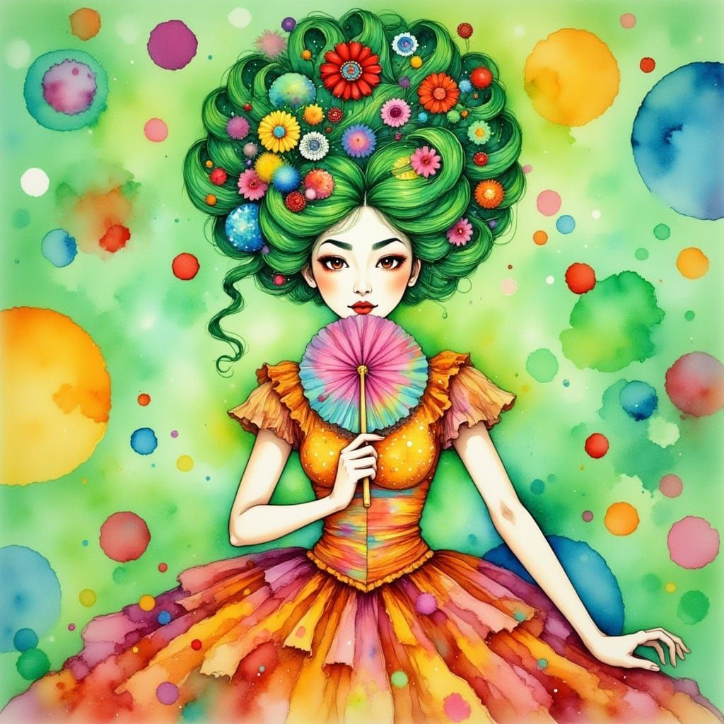 Woman with Green Hair in Watercolor Style