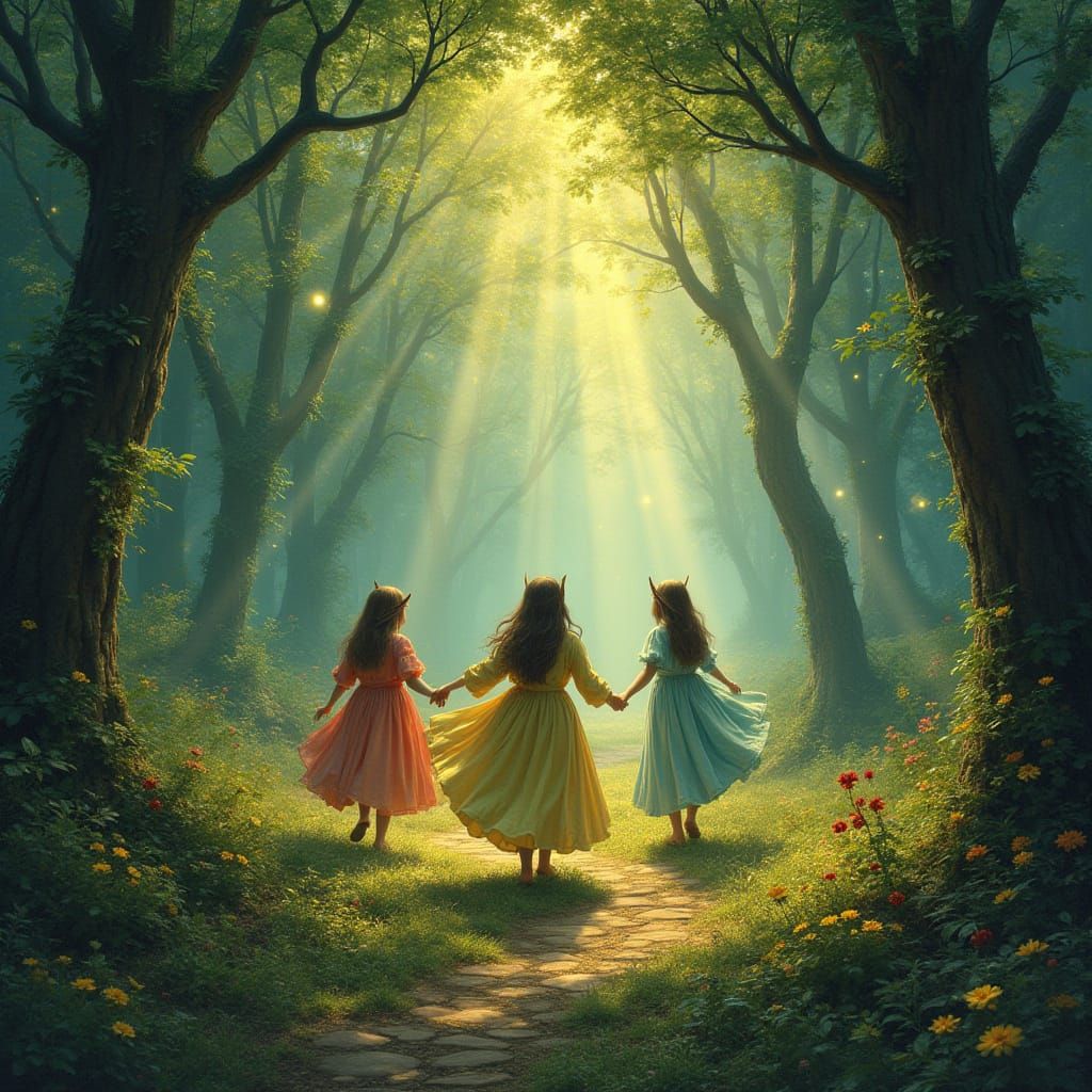 Fantasy Beings Dancing in Enchanted Forest