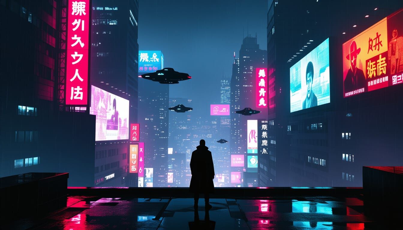 Cyberpunk Cityscape at Night in Neon-Noir Style