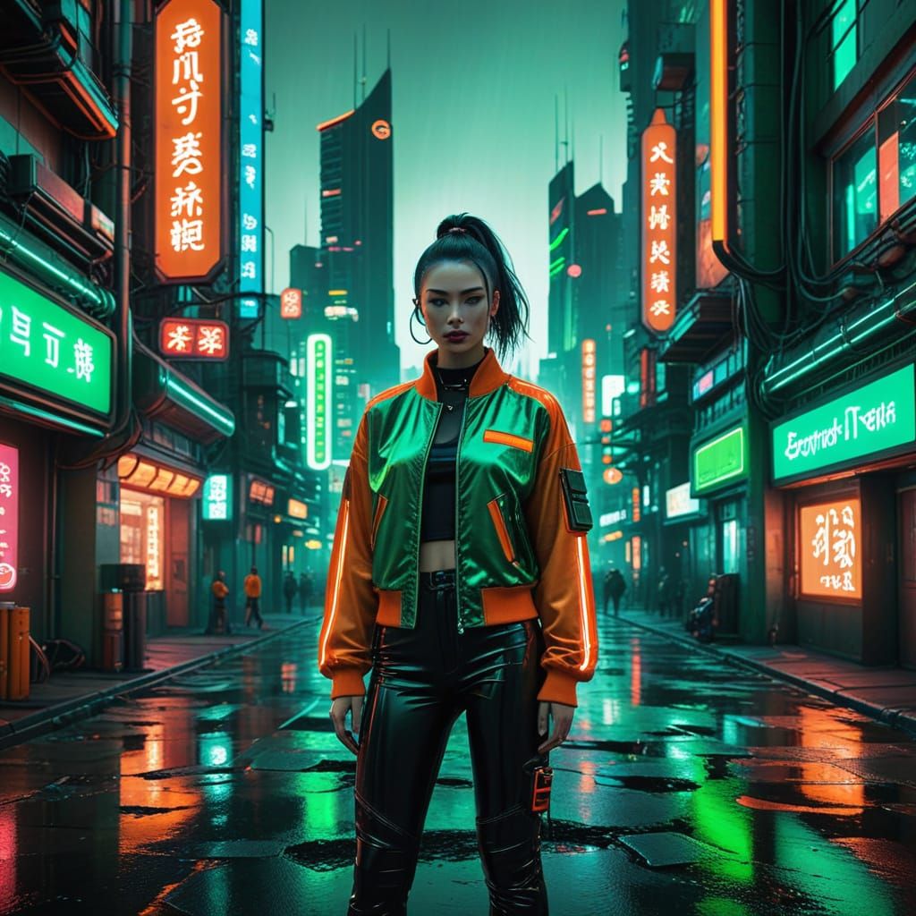 Futuristic Oriental Cityscape in Cyberpunk Style