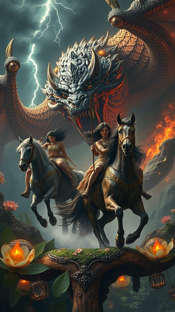 Surreal Anime Goddesses Battle Fiery Monster in Amazonian La...