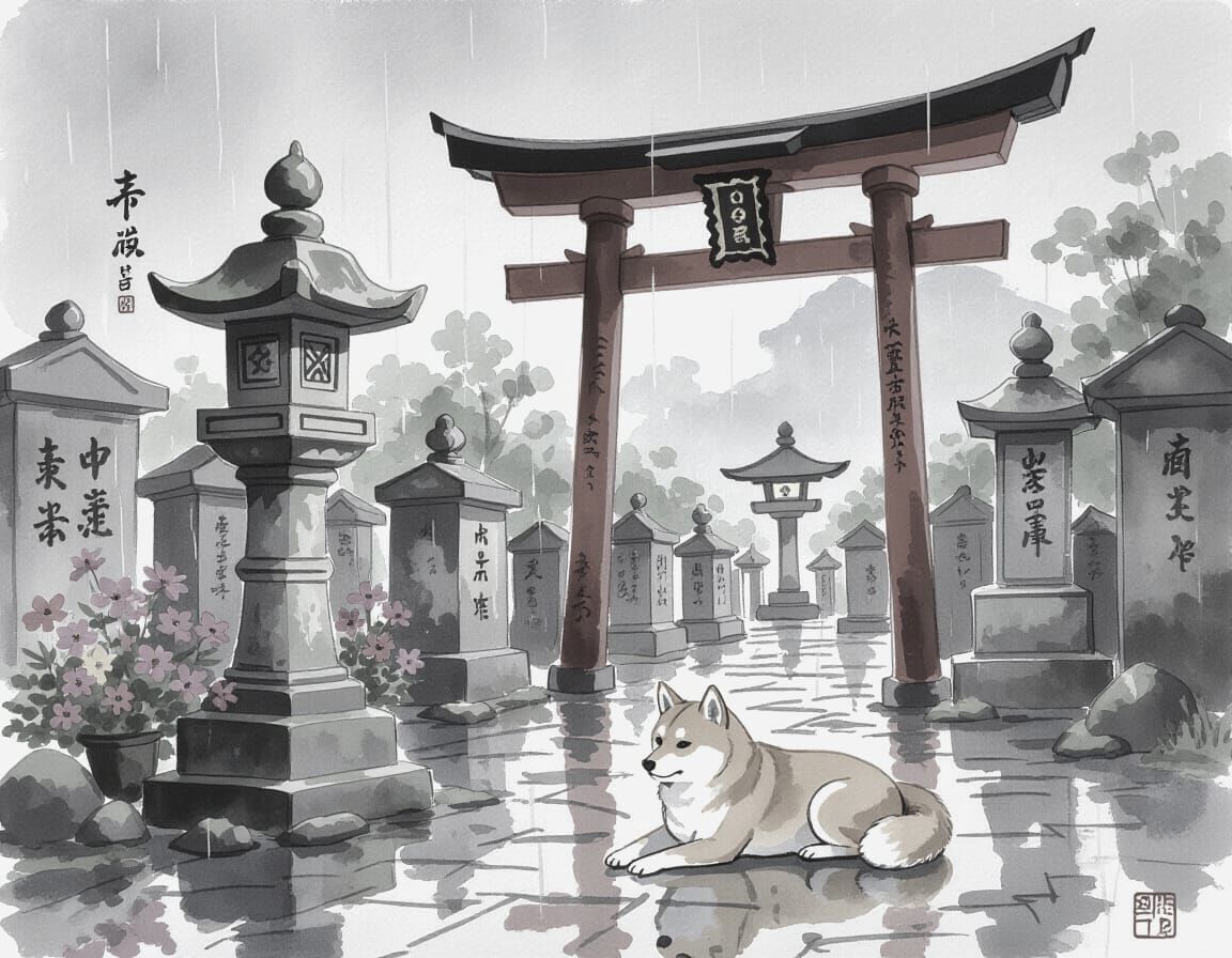 Shiba Inu at Rainy Japanese Graveyard: Ink Wash
