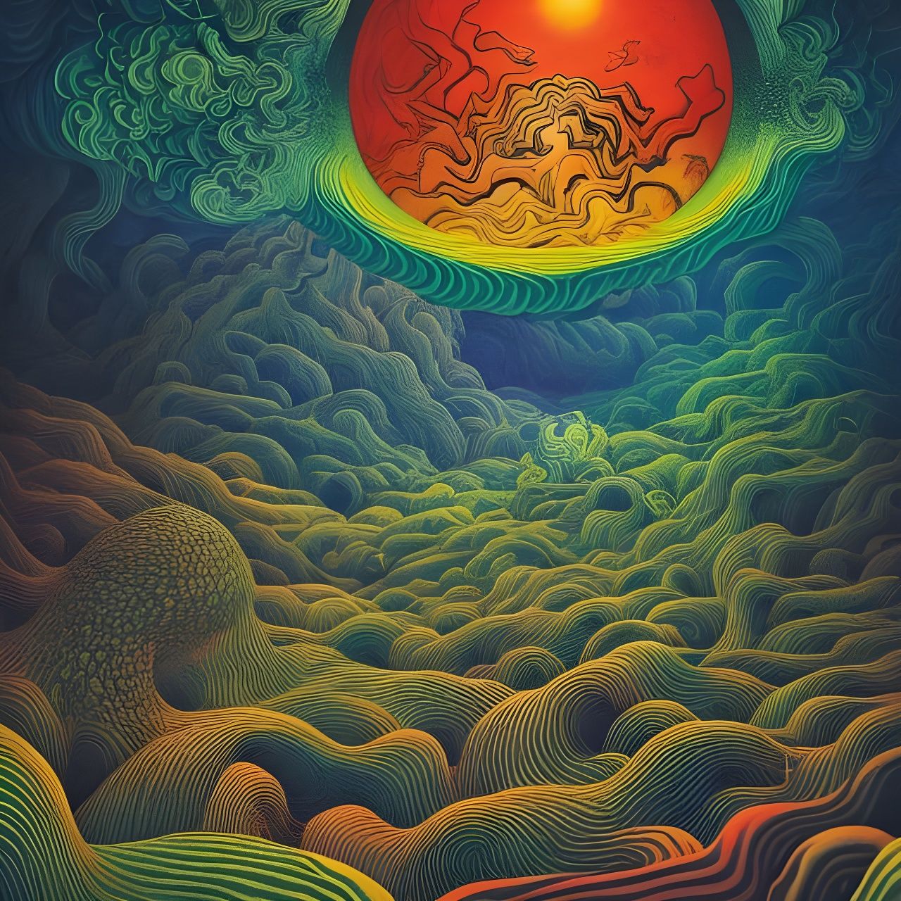 Psychedelic Landscape Inspired by Escher and Seuss