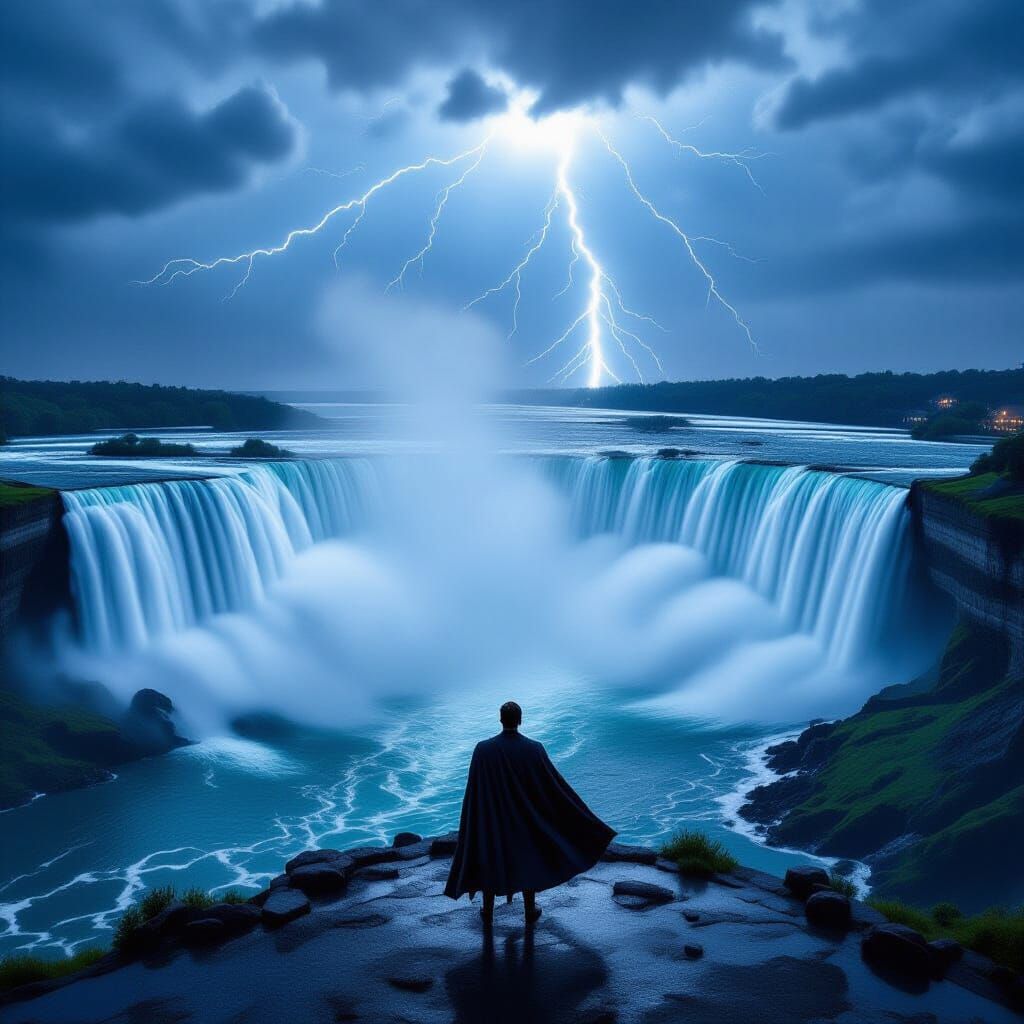 Supernatural Niagara Falls Cinematic Scene with Heroic Man