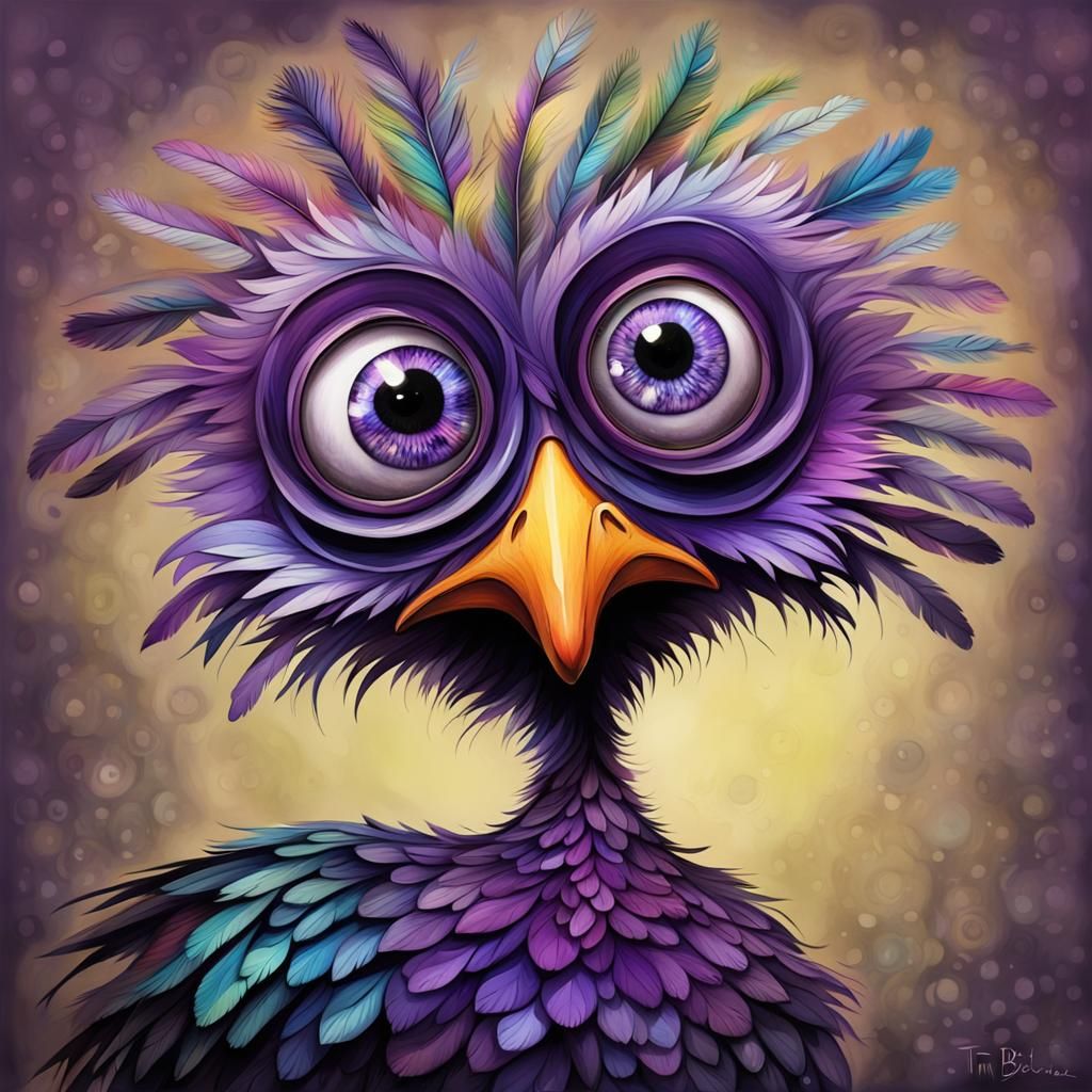 quirky bird, prismatic feathers, half closed big hyper detai...