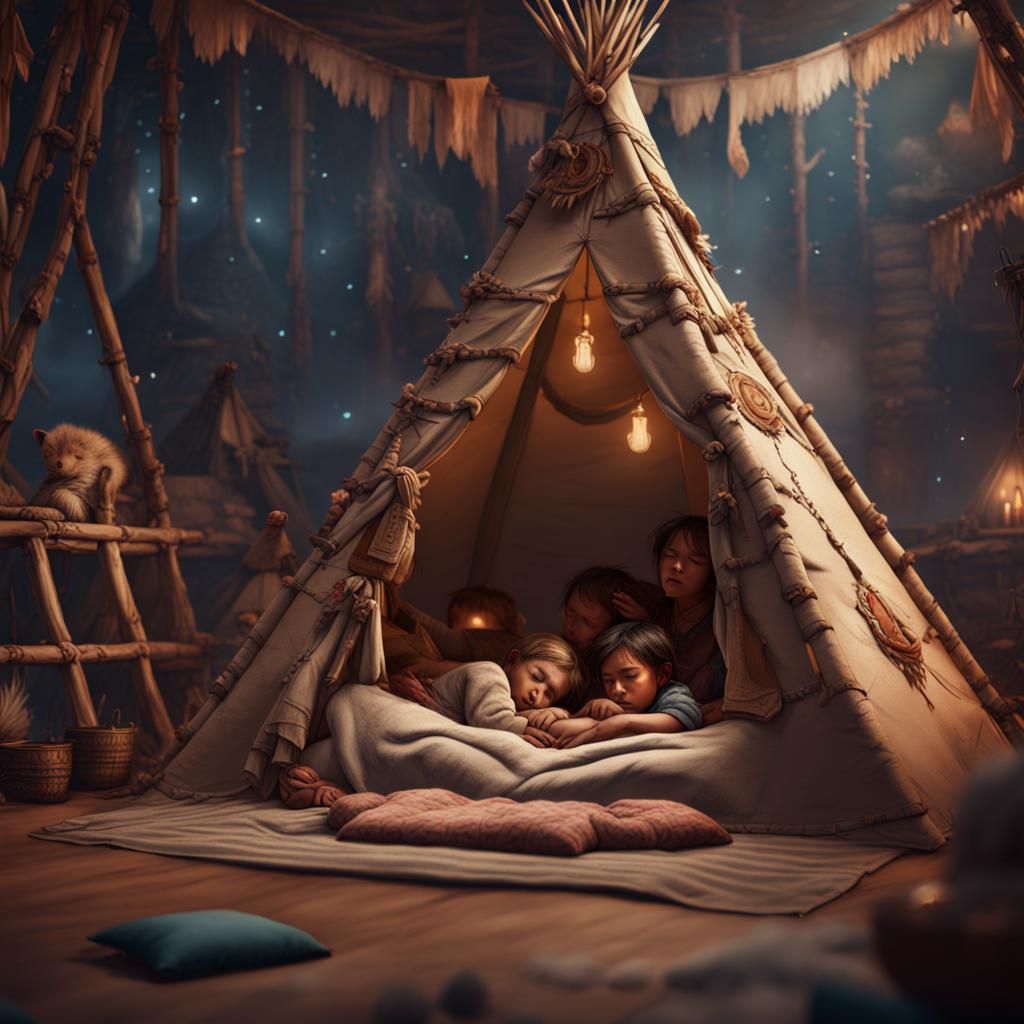 Children Sleeping in Teepee: Detailed Fantasy Art