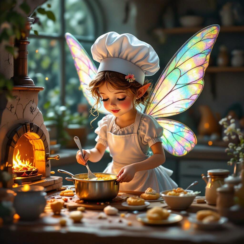 Whimsical Fairy Chef in Miniature Kitchen