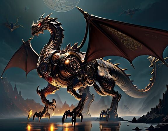 Mechanical Dragon Soaring Through Steampunk Sky