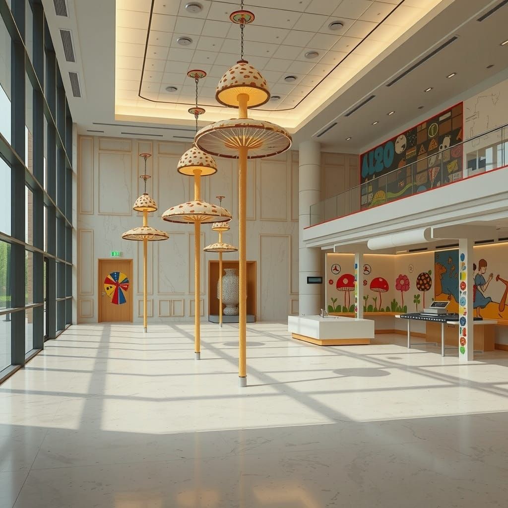 Whimsical Hyperrealist Scene of Mushroom Flags and Colorful ...