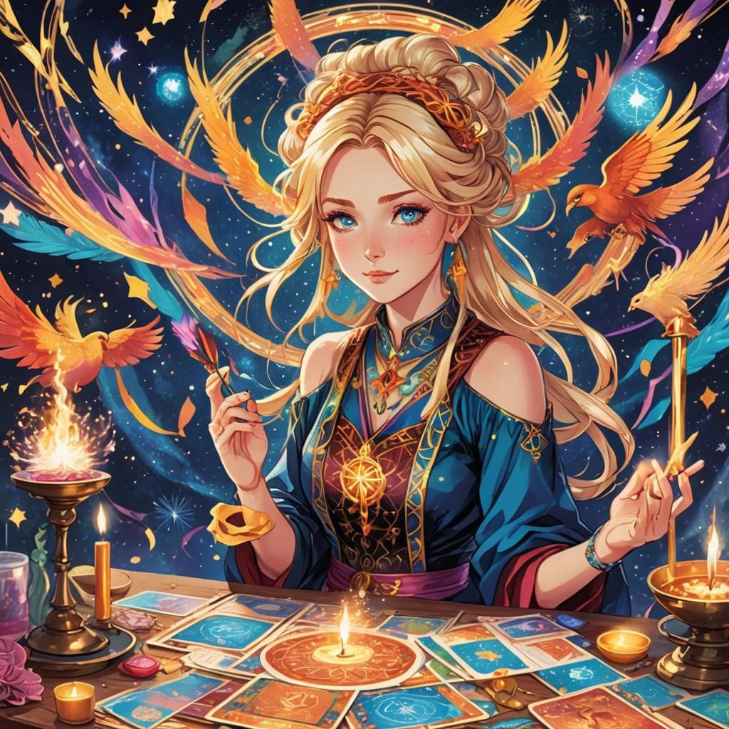 Anime Tarot Reader with Phoenix Ribbons and Glitter