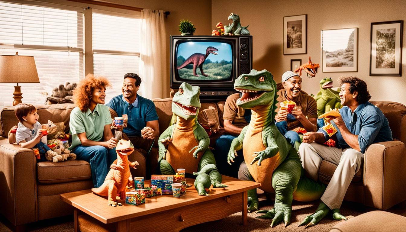 Family with Dinosaurs watching TV