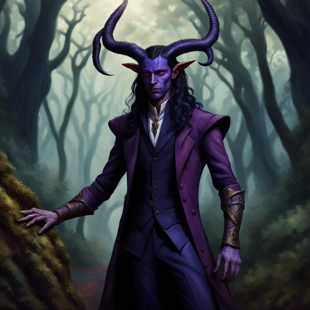 Tiefling Mystic in Forest Scenery: Detailed Fantasy Art