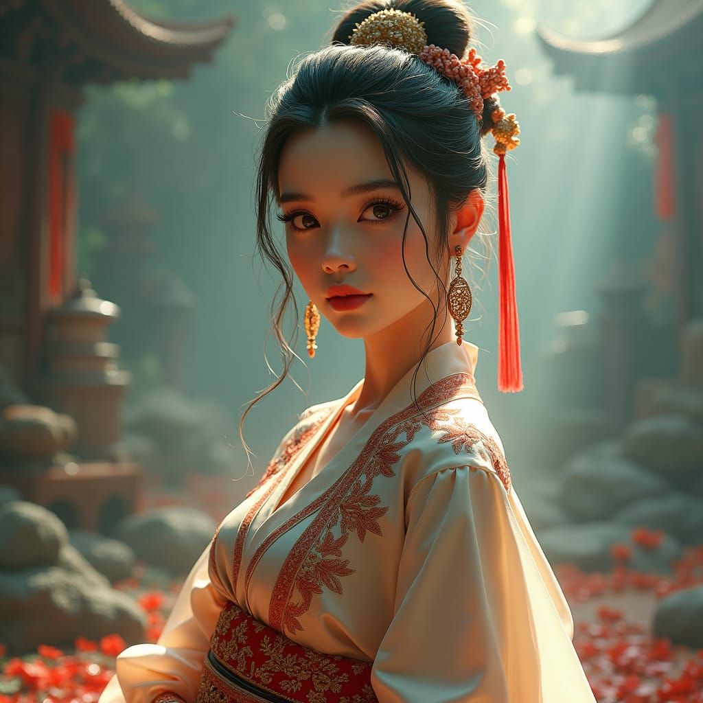 Enchanting Woman in Eastern Attire: Fantasy Concept Art