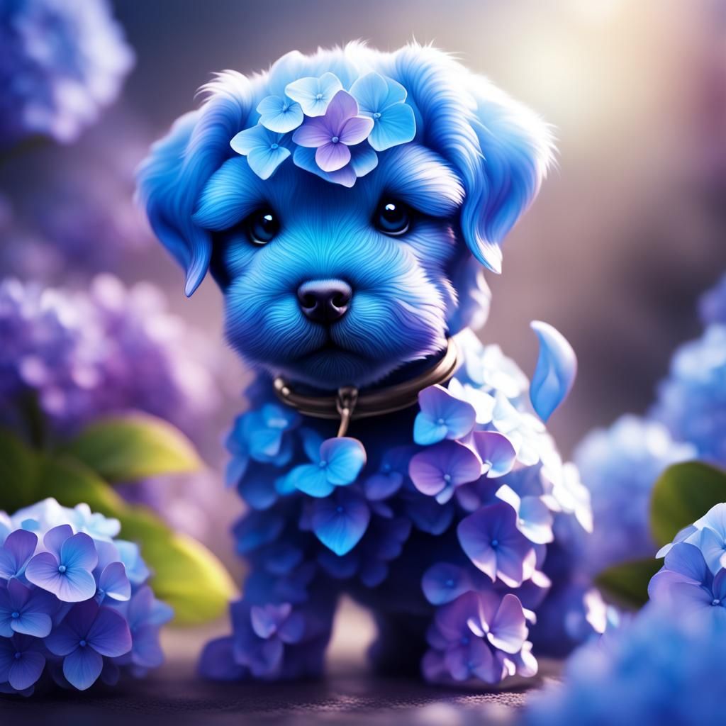 Crystal Puppy with Hydrangeas in Digital Painting Style