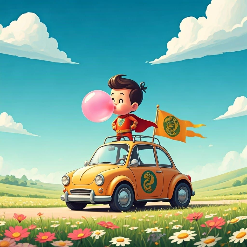 Vibrant Cartoon Car Cruises Through Blooming Meadow