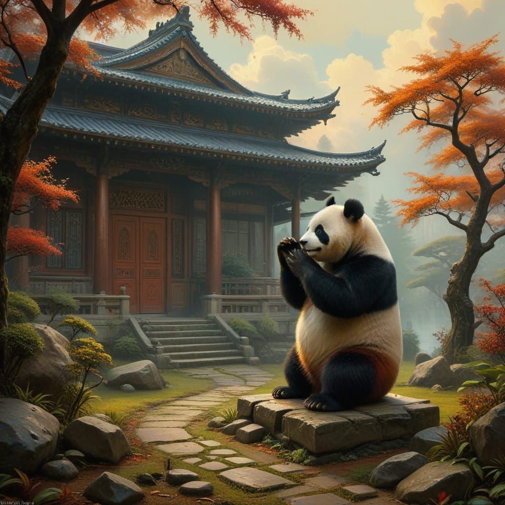 Serene Panda in Traditional Japanese Garden Scene