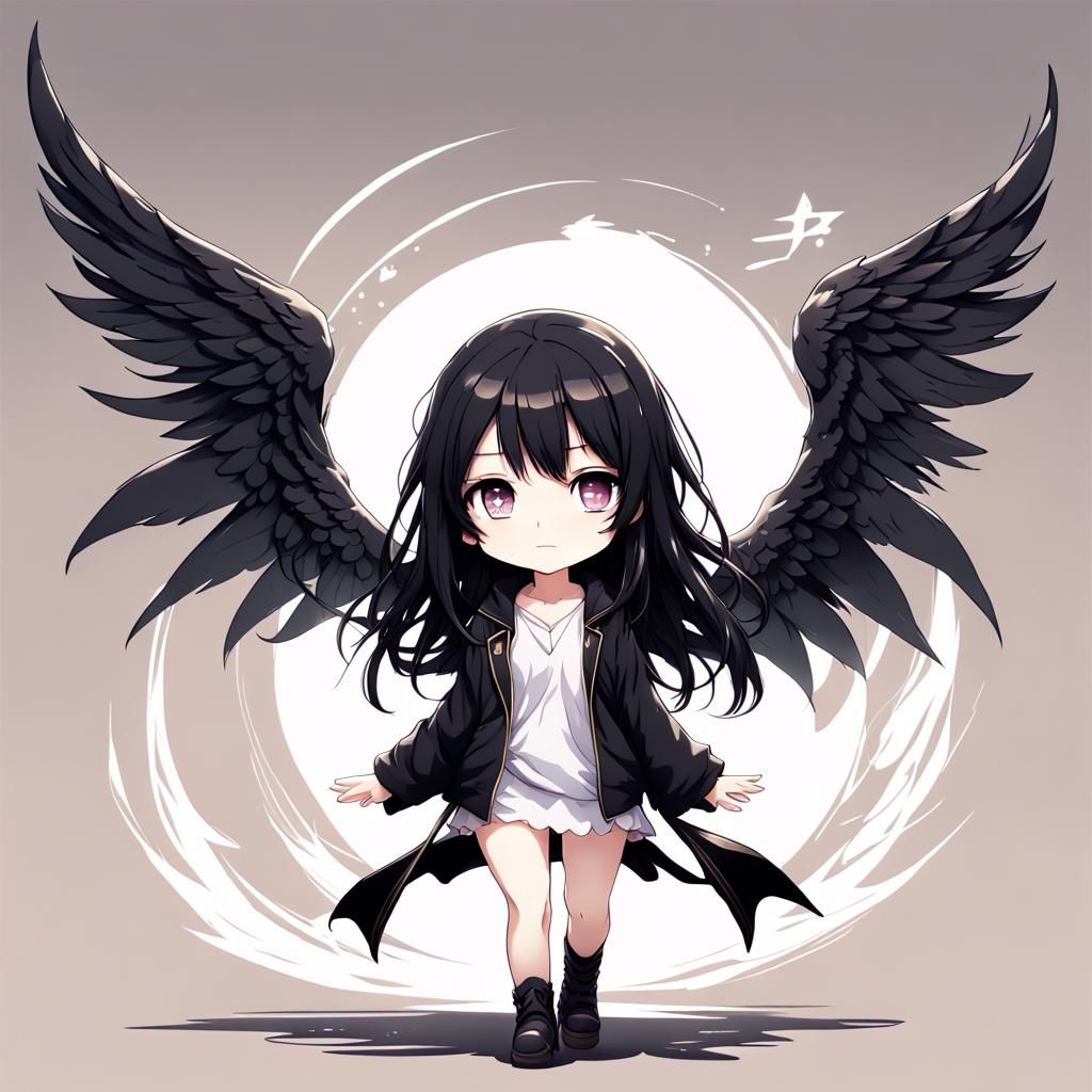 Chibi Black Haired Angel in Anime Style