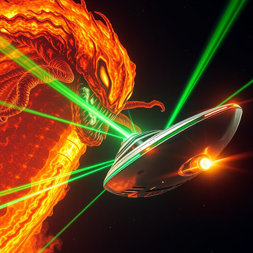 Fiery Space Monster Attacks Futuristic Cruiser