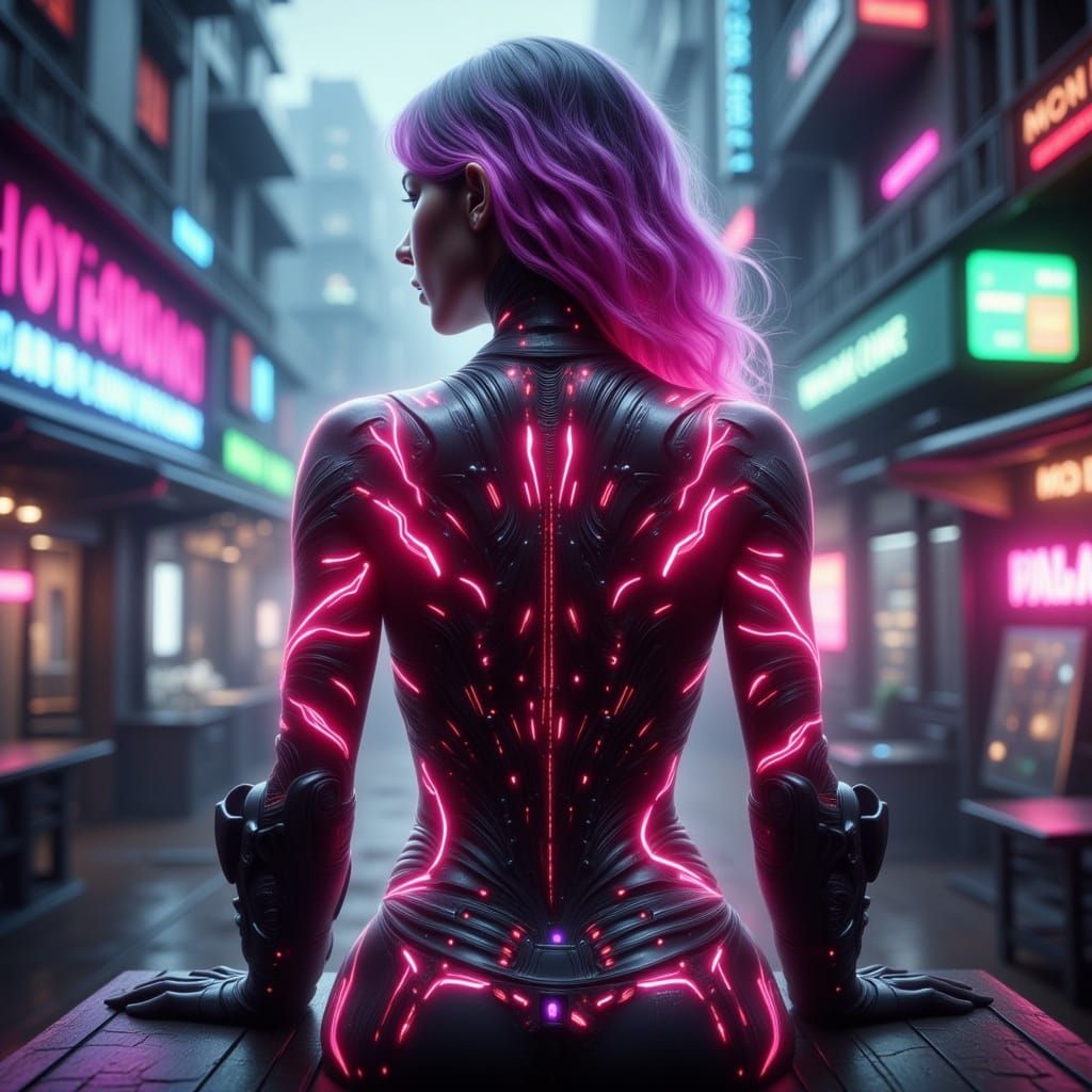 Futuristic Woman in Neon Wasteland Cityscape
