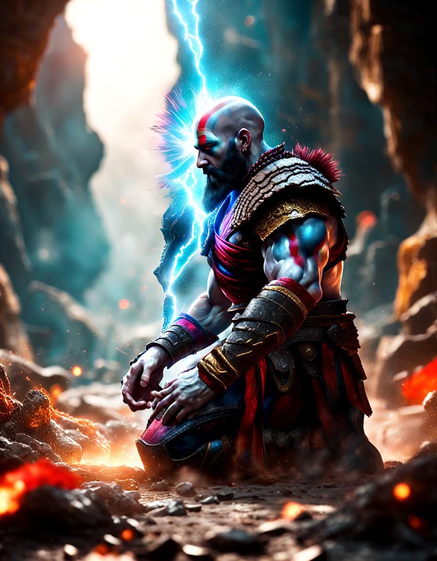 Kratos Disintegrating in Fantasy Setting: Digital Art