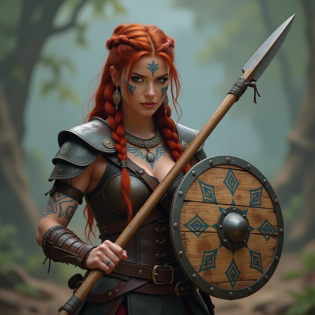Redhead Warrior with Tribal Tattoos and Spear
