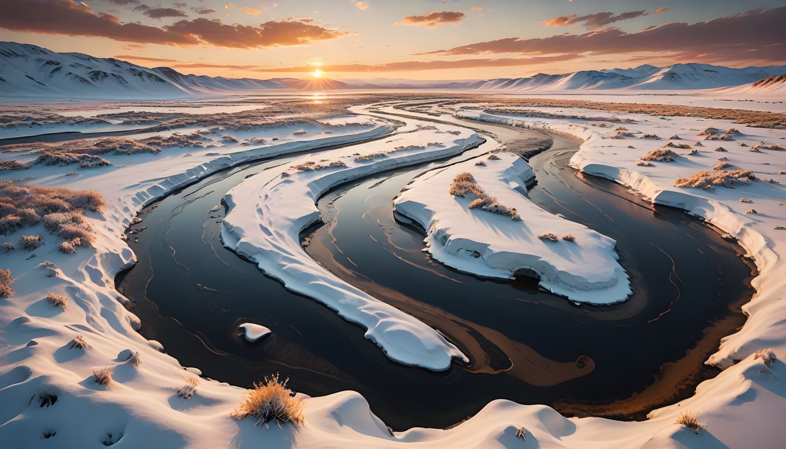 Icy River Winds Through Snowy Tundra at Sunset