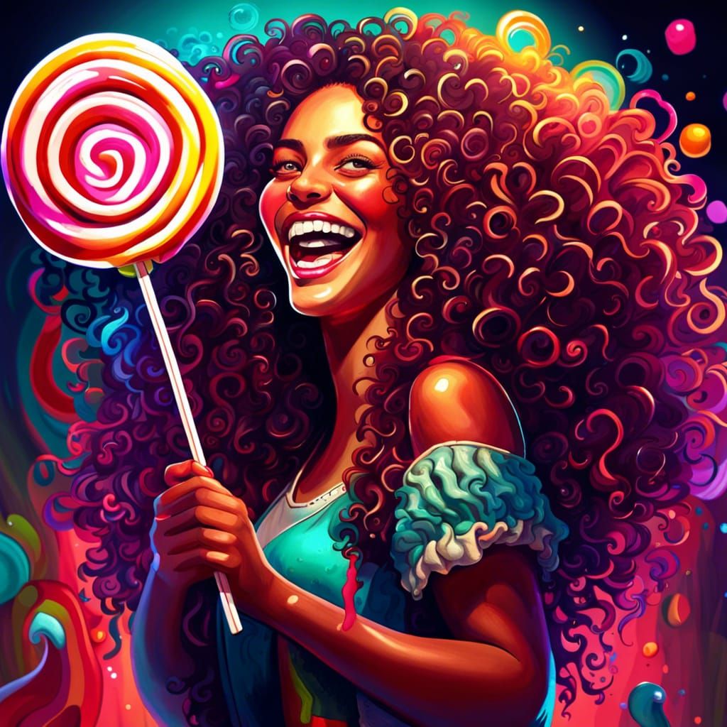 Happy Curly Woman Holding Lollipop in Hyperrealism