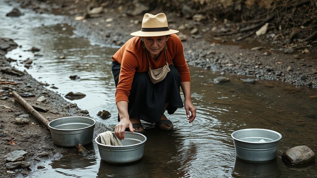 Woman Washing Clothes in Stream, Documentary Photography