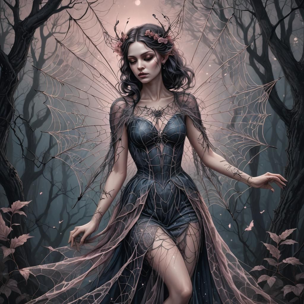 Gothic Fairy in Spiderweb Dress: Dark Fantasy Art