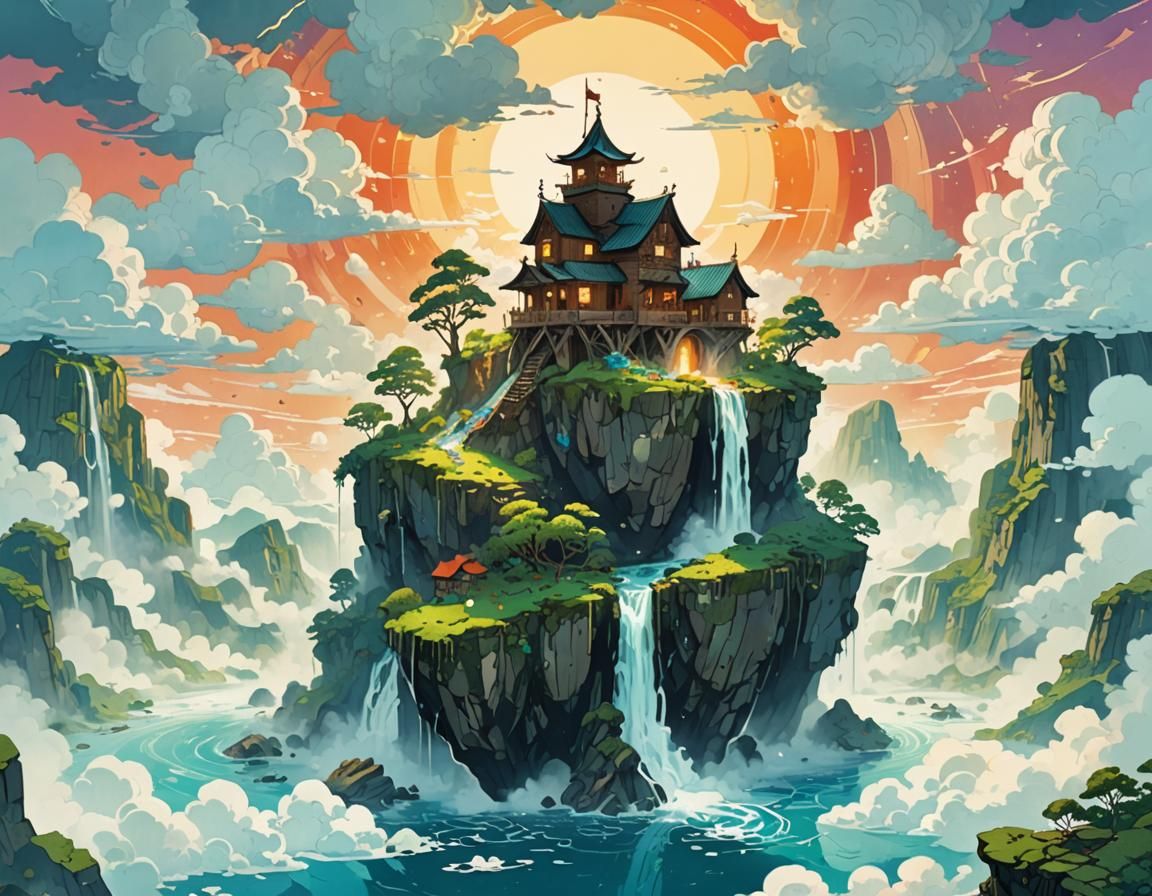 Floating Island With Waterfall in Dreamy Clouds