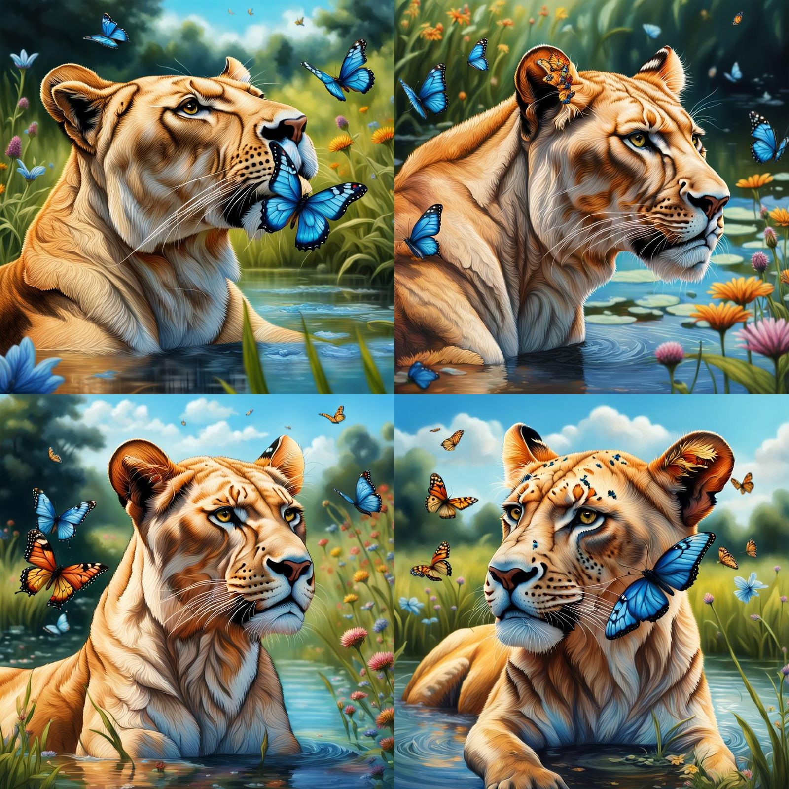 Lioness with Butterfly Wings in Floral Meadow
