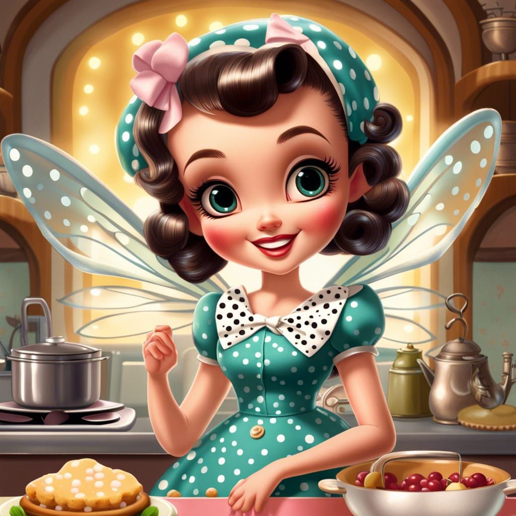 Charming 1950s Fairy Housewife in Kitchen