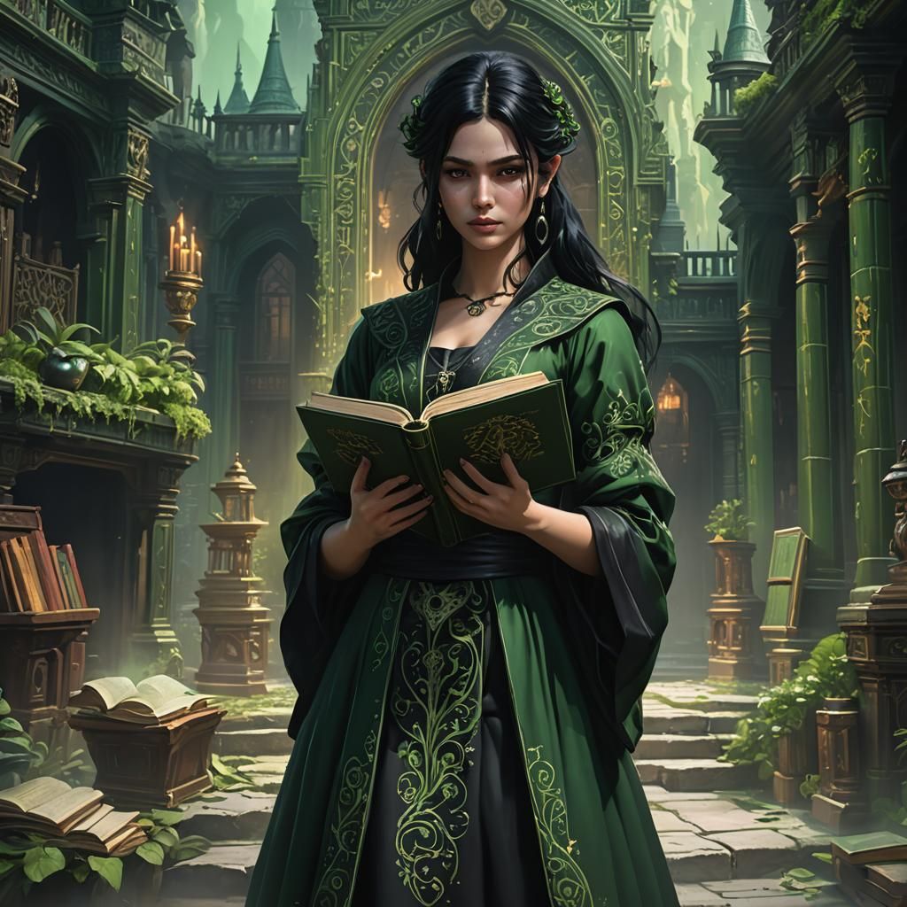 Green Skinned Girl Holding Grimmerie Book